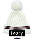 Preppy Ivory Stripe Details Knit Beanie With Faux Fur Pom Pom