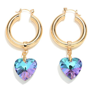 Blue Purple Lavender Crystal Hear Dangle Charm Hoop Earrings