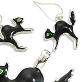 Enamel Black Cat Pendant & Dangle Earrings Jewelry Set