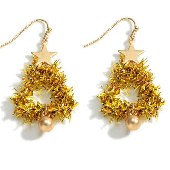 Gold Fuzzy Christmas Tree Drop Earrings with Gold Star Accents