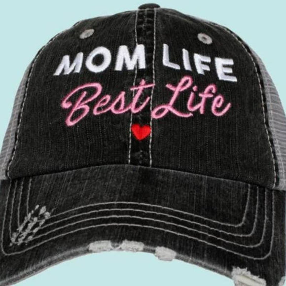 Mom Life Best Life Black Embroidered Distressed Ball Cap Trucker Hat