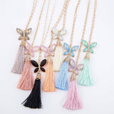 Crystal Butterfly Tassel Necklace - Pink Lavender