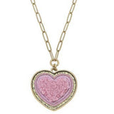 Pink Chenille Glitter Heart Patch Pendant Paperlink Chain Necklace
