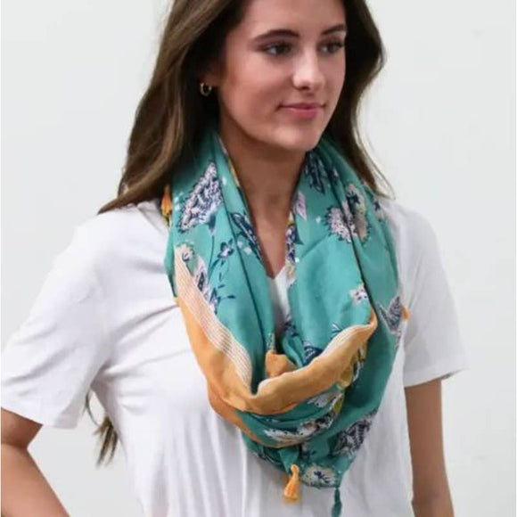 Turquoise Yellow Cottage Floral Design Lightweight Tasseled Scarf