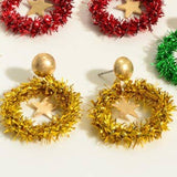 Gold Metallic Fuzzy Wreath Christmas Earrings with Gold Star Accents