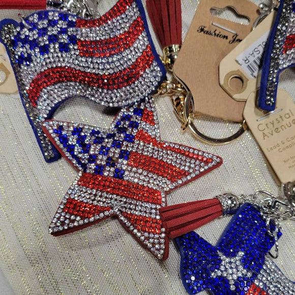Americana Patriotic USA Crystal Star Keyring Keychain purse charm