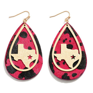 Hot Pink Black Cow Print Statement Earring With Gold Dangle Texas Overlay