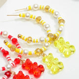 Yellow White Heishi Bead Hoop Earrings with Pearl Bead and Candy Bear Charm