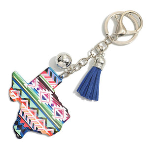 Blue & Pink Aztec Southwestern State of Texas Keychain With Leather Tassel