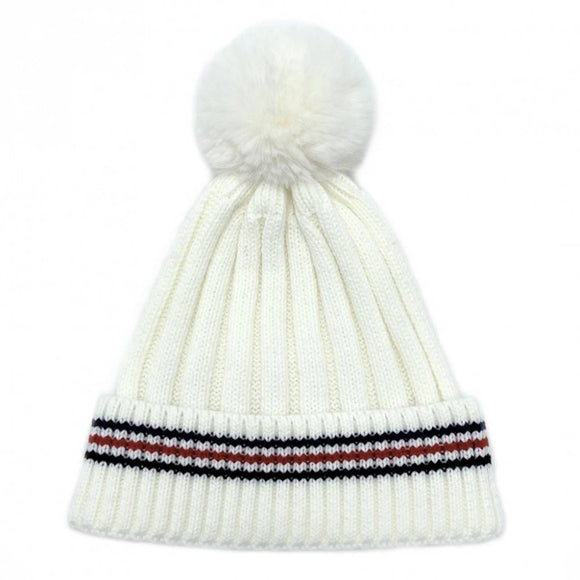 Preppy Ivory Stripe Details Knit Beanie With Faux Fur Pom Pom