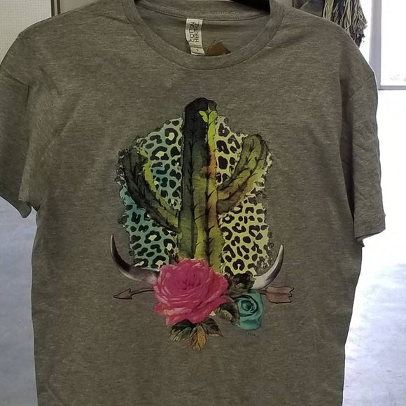 Leopard Cactus Rose Grey Graphic T-Shirt Large
