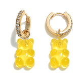 Yellow Candy Bear Charm Crystal Huggie Hoop Earrings