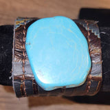 Turquoise Stone Slab Leather Cuff with Tie with Blue Navajo Design