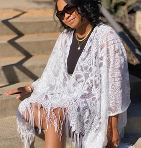 White Lace Fringed Boho Kimono Wrap Shawl Cover Up