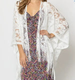 White Lace Fringed Boho Kimono Wrap Shawl Cover Up